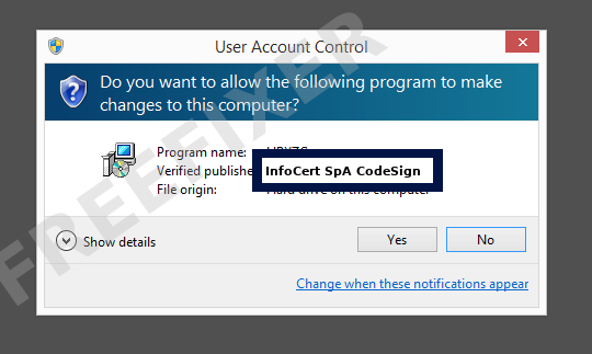 Screenshot where InfoCert SpA CodeSign appears as the verified publisher in the UAC dialog